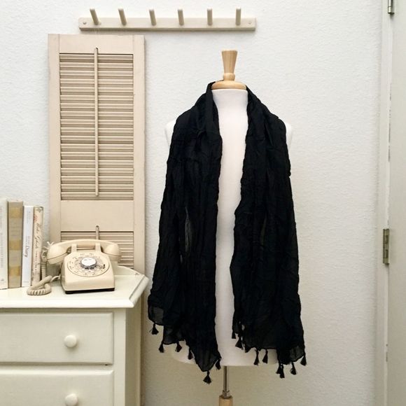 Crinkled Black Wrap Scarf, Tassel Trim, NWT…As Is, see description. - Picture 3 of 8